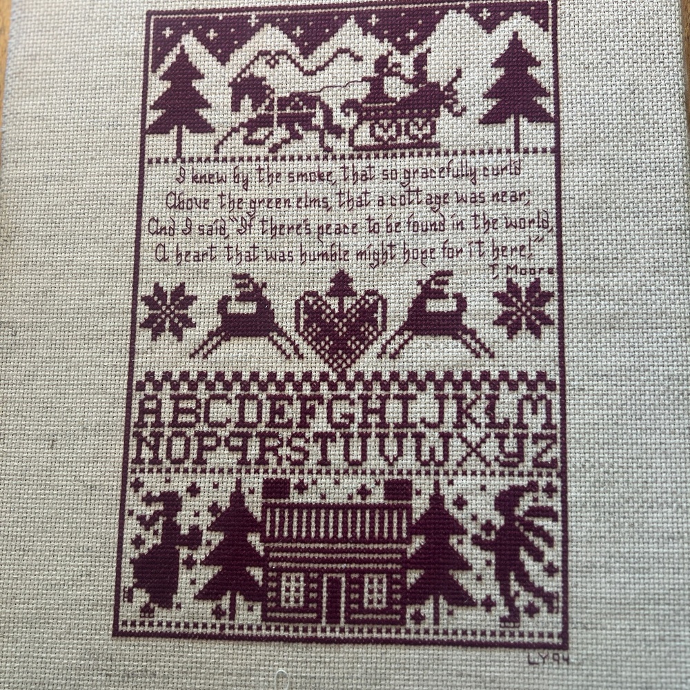 Vintage Finished Framed Cross Stitch I KNEW BY THE SMOKE THOMAS MOORE